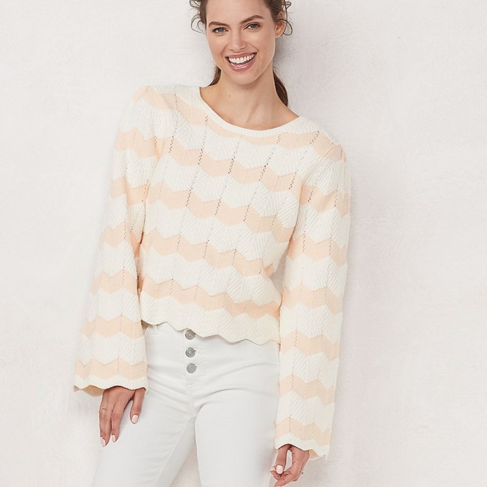 Women's Off-White and Beige LC Lauren Conrad Scalloped Hem Sweater